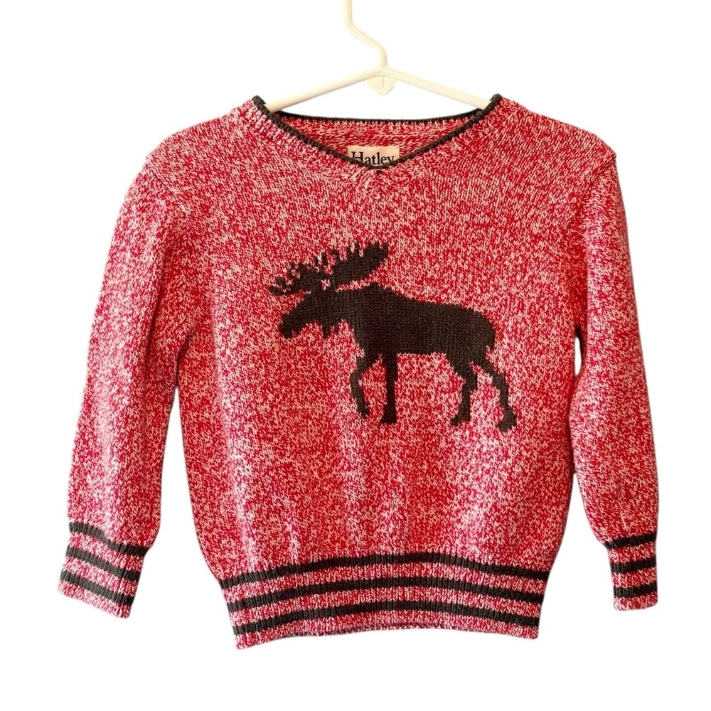 Hatley Moose Sweater Pullover Red Brown V-Neck Size‎ 2